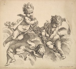 Tre børn med et frugtfad, 1738-45. af Gabriel Huquier