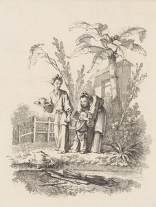 To kvinder fører et barn mod en tekande på et bord nær en dam, ca. 1742. af Gabriel Huquier