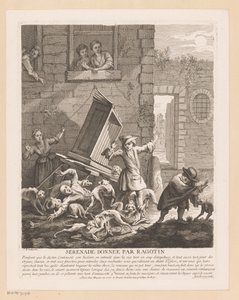 Afbrydelse af gadehundes orgelspil Serenade donnée par Ragotin (titel på objekt) Scener fra Scarrons Roman Comique (serietitel)
