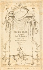 Anden bog med ender af lamper og valutatrofæer: Titelside af Gabriel Huquier after Claude Gillot