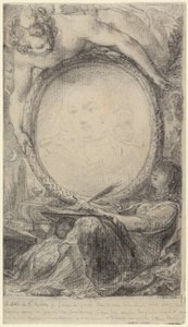 Allegorisk ramme med et geni og en tilsløret kvinde, der skriver af Gabriel Jacques de Saint Aubin