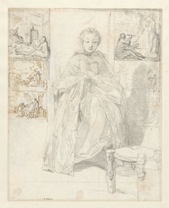 Studieark med en læsende kvinde og nogle skitser af Gabriel Jacques de Saint Aubin