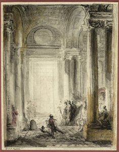 Indgangen til Arkitektakademiet ved Louvre af Gabriel Jacques de Saint Aubin