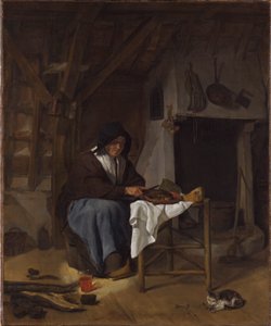 Gammel kvinde ved sit måltid i et interiør af Gabriel Metsu