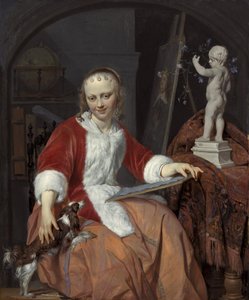 Portræt af Isabella de Wolff (....-1718) som kunstner af Gabriel Metsu