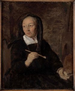 Portræt af en kvindelig kunstner ved sit staffeli af Gabriel Metsu