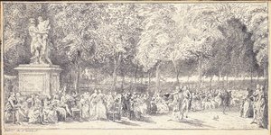 A meeting in the Tuileries Gardens around a statue, 1760dani