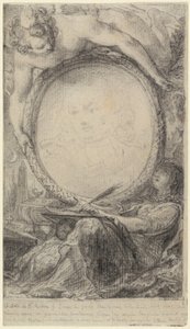 Allegorisk ramme med et geni og en tilsløret kvinde, der skriver, ca. 1769 (sort kridt på papir)