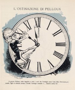 Tegneserie af formanden for det italienske ministerråd Luigi Pelloux (1839-1924), der med alle midler forsøgte at holde uret i gang, så det kunne ringe ind til den generelle befrielse i 1898. Hans regering var meget militaristisk og konservativ. Vignet af 