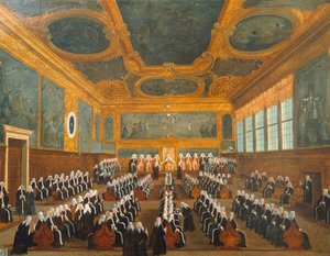 Council of Pregadi, af Gabriel Bella (1730-1799), olie på lærred, 96x149 cm af Gabriele Bella
