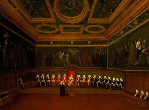 Hall of Council of Ten i Venedig, af Gabriel Bella (1730-1799), olie på lærred, 94x147 cm, Italien af Gabriele Bella