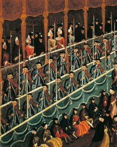 Italien, Veneto, Venedig, Måltid på San Benedetto Theatre til ære for Dukes of North, nærbillede af Gabriele Bella