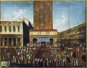 Offentligt lotteri på Loggettaen, Piazza San Marco, Venedig “” - Lottospillet (lotteriet) på Loggettaen på Markuspladsen i Venedig”” Maleri af Gabriel Bella (1730-1799) Venedig fra det 18. århundrede, Fonden “ "Querini Stampalia"""