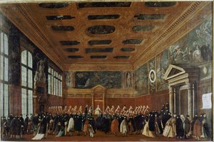Reception of ambassadors at the Collegio (Venedig, reception of ambassador at the Collegio) - Maleri af Gabriele Bella (ca. 1730-1799), olie på lærred, 99x150 cm. Venedig, Querini Stampalia Foundation af Gabriele Bella