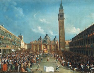 Dogen bliver båret triumferende og spreder penge på Piazza San Marco (Markuspladsen) af Gabriele Bella