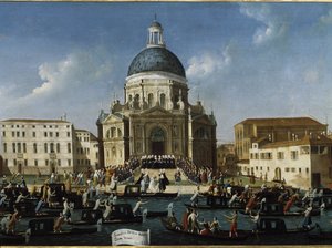 En adelig dames bryllup i Santa Maria della Salute (Ægteskab med en adelig dame i Venedig i Santa Maria della Salute) - Maleri af Gabriele Bella (ca. 1730-1799), 94x148 cm. Venedig, Querini Stampalia Foundation af Gabriele Bella