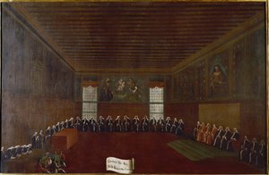 Udsigt over værelset i Kriminalkarantænen, Højesteret eller Råd for de Fyrre Maleri af Gabriele Bella (1733-1799) Venedig fra det 18. århundrede, Fondazione "" Querini Stampalia"" af Gabriele Bella