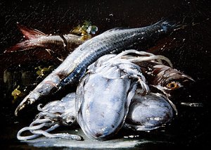 Blæksprutte, grå multe og rød multe hviler på en stenafsats (olie på lærred) af Gaetano Cusati