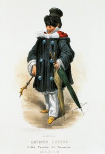 Skuespilleren Antonio Petito (1822-1876) i scenekostume i parodien Troubaduren, litografi af Gaetano Dura (1805-1874)