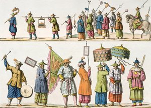 De vigtigste ledsagere i den kinesiske kejsers procession, illustration fra "Le Costume Ancien et Moderne" af Giulio Ferrario, udgivet omkring 1820-30