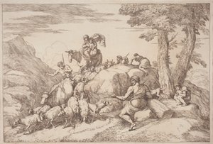 En pastoral rejse med en mor og et barn til hest og en ældre hyrde siddende