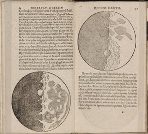 Blad af bog Sidereus Nuncius Sidereal Messenger af Galileo Galilei, 1610