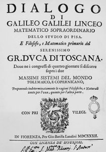 Titelblad til Dialog om to vigtigste verdenssystemer, ptolemæisk og kopernikansk, af Galileo Galilei (1564-1642), udgivet i Firenze i 1632 af Gian Battista Landini