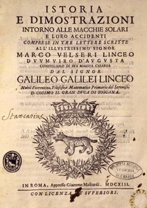 Titelside til Historie og demonstrationer vedrørende solpletter og deres egenskaber af Galileo Galilei