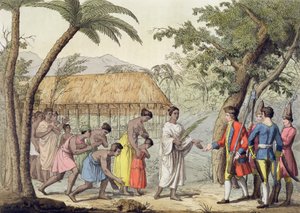 Kaptajn Samuel Wallis (1728-1830) modtaget af dronning Oberea på øen Tahiti