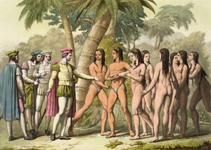 Christopher Columbus (1451-1506) med Hernando Cortes (1485-1547) Modtager en indfødt amerikansk pige som gave, fra 