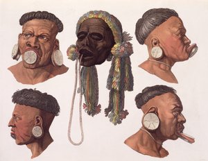 Heads of Botocudos Indians (farvegravering)