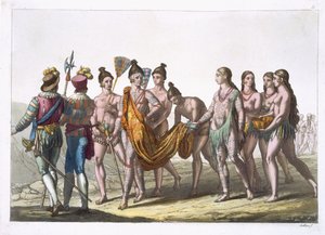 Indfødte amerikanske enker henvender sig til deres høvding for at få tilladelse til at gifte sig igen, planche 57 fra "Le Costume Ancien et Moderne" af Jules Ferrario, udgivet omkring 1820-30