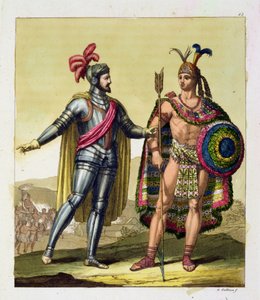 Mødet mellem Hernando Cortes (1485-1547) og Montezuma II (1466-1520), fra 