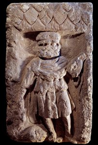 Gallo-romersk kunst: tricefale guddommelige eller Merkur har tre hoveder. Relief på sten. 1. århundrede f.Kr. - 5. århundrede e.Kr. Paris, Musée Carnavalet af Gallo Roman
