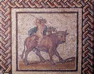 Gallo romersk kunst: mosaikbelægning, der repræsenterer en rustik kalender. Allegori om foråret rider på en tyr. Slutning 2., begyndelsen af 3. århundrede efter JC. Fra Saint-Romain-en-Gal (Rhône). Saint Germain en Laye, Nationalmuseet for arkæologi af Gallo Roman