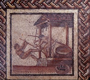 Gallo romersk kunst: mosaikbelægning, der repræsenterer en rustik kalender. En oliepresse. Slutning 2., begyndelsen af 3. århundrede efter JC. Fra Saint-Romain-en-Gal (Rhône). Saint Germain en Laye, Nationalmuseet for arkæologi af Gallo Roman