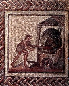 Gallo romersk kunst: mosaikbelægning, der repræsenterer en rustik kalender. Brødfremstillingsscene. Slutning 2., begyndelsen af 3. århundrede efter JC. Fra Saint-Romain-en-Gal (Rhône). Saint Germain en Laye, Nationalmuseet for arkæologi af Gallo Roman