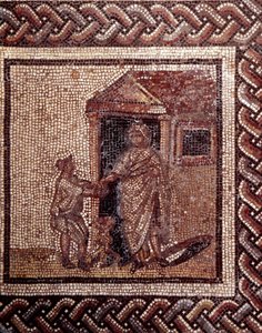 Gallo romersk kunst: mosaikbelægning, der repræsenterer en rustik kalender. Festscene. Slutning 2., begyndelsen af 3. århundrede efter JC. Fra Saint-Romain-en-Gal (Rhône). Saint Germain en Laye, Nationalmuseet for arkæologi af Gallo Roman