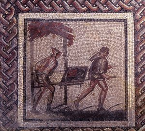 Gallo romersk kunst: mosaikbelægning, der repræsenterer en rustik kalender. Gødningstransportscene. Slutning 2., begyndelsen af 3. århundrede efter JC. Fra Saint-Romain-en-Gal (Saint Romain en Gal, Rhone). Saint Germain en Laye, Nationalmuseet for arkæolog af Gallo Roman