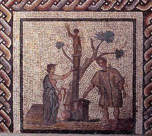 Gallo romersk kunst: mosaikbelægning, der repræsenterer en rustik kalender. Offerscene i Ceres og Apollo. Slutning 2., begyndelsen af 3. århundrede efter JC. Fra Saint-Romain-en-Gal (Rhône). Saint Germain en Laye, Nationalmuseet for arkæologi af Gallo Roman
