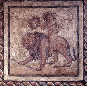 Gallo romersk kunst: mosaikbelægning, der repræsenterer en rustik kalender. Sommer allegori om en løve. Slutning 2., begyndelsen af 3. århundrede efter JC. Fra Saint-Romain-en-Gal (Rhône). Saint Germain en Laye, Nationalmuseet for arkæologi af Gallo Roman