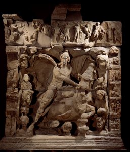 Gallo romersk kunst: relief, der viser Mithra lysets gud med tyren. Fra et Mithraeum-tempel. 50 f.Kr.-100 e.Kr. Metz. Museum for Skønne Kunster af Gallo Roman