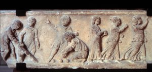 Gallo romersk kunst (galloromain): marmorfrise i lavt relief fra en sarkofag og repræsenterer børn, der spiller bold. 2. århundrede e.Kr. Paris, Louvre-museet
