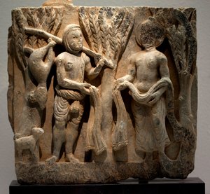 Byt tøj med en jæger. Lavrelief skulptureret, kunst af Gandhara (Pakistan), 2.-3. århundrede. Koreas Nationalmuseum, Seoul (Sydkorea). af Gandhara School