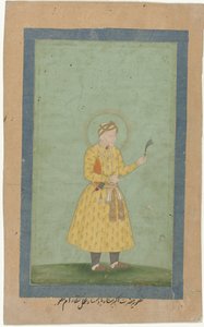 Portræt af Akbar, stående, med fane i hånden af Gangaram (attributed to)