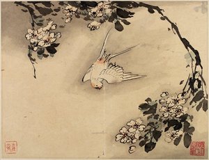 Fingermaleri med blomster og fugle fra et album med ti blade af Gao Qipei