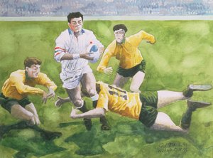 Rugbykamp: England mod Australien i VM-finalen, 1991, Will Carling bliver tacklet (wc)