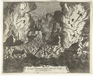 Slaget ved Lowestoft, 1665 Søslag mellem englænderne og hollænderne successivt den 13. juni 1665 (titel på objekt) af Gaspar Bouttats (attributed to)