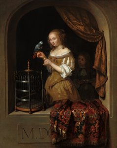 En kvinde fodrer en papegøje med en side, 1666. af Gaspar Netscher