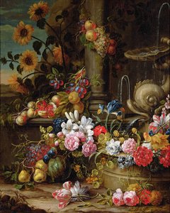 Stilleben af frugt og blomster